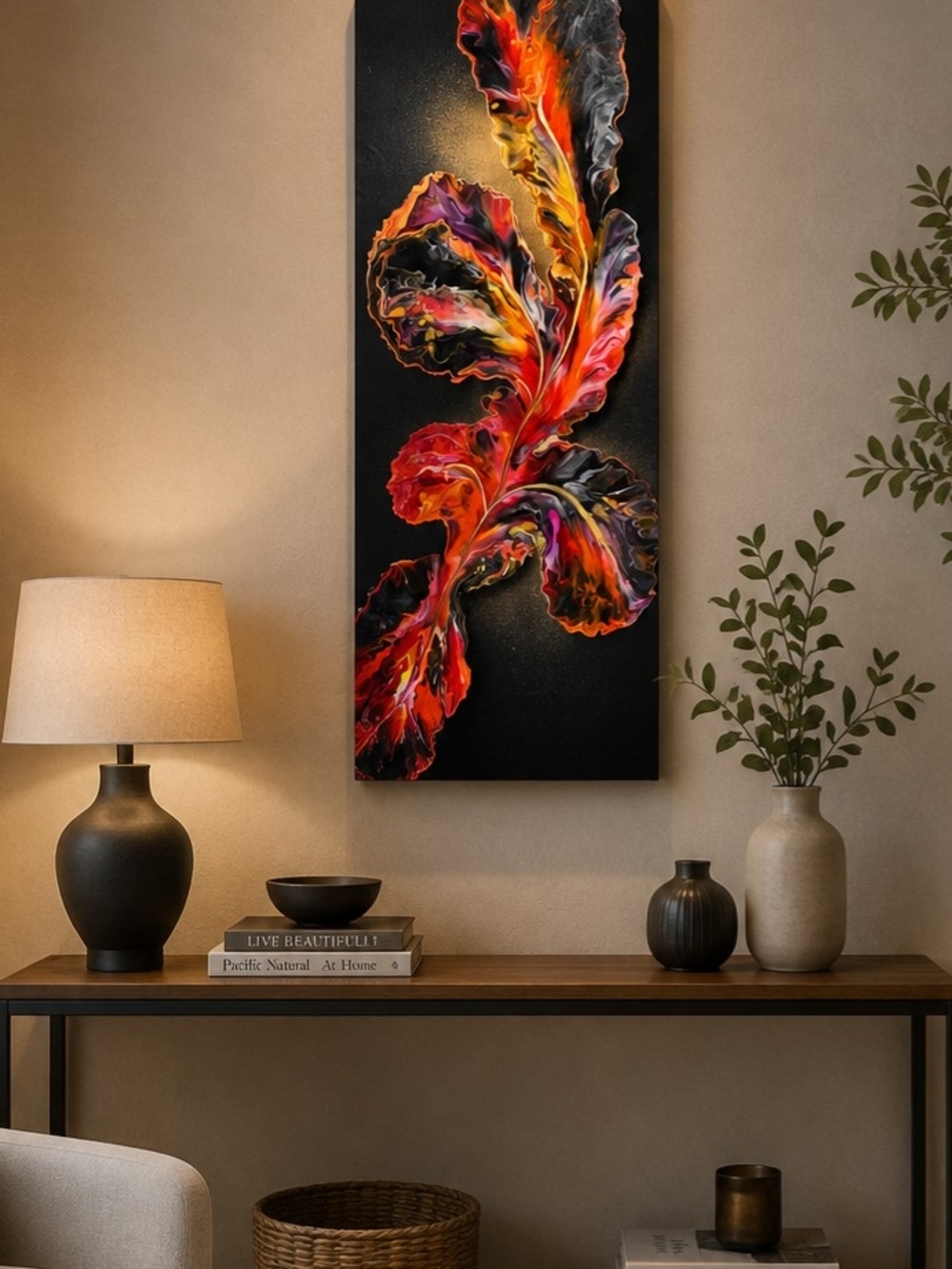 Abstract Floral Wall Art Canvas - Red Orange Black Palette
